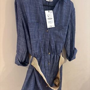 Zara Blue Button-Up chambray Dress with belt small